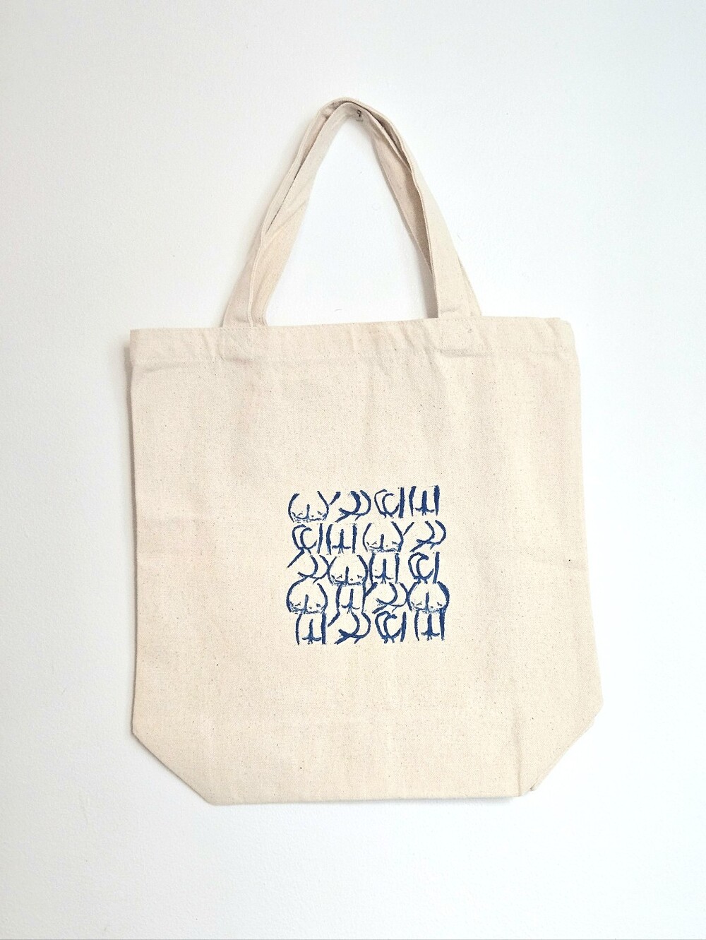 Small Canvas Tote Bag with Blue Linocut Print
